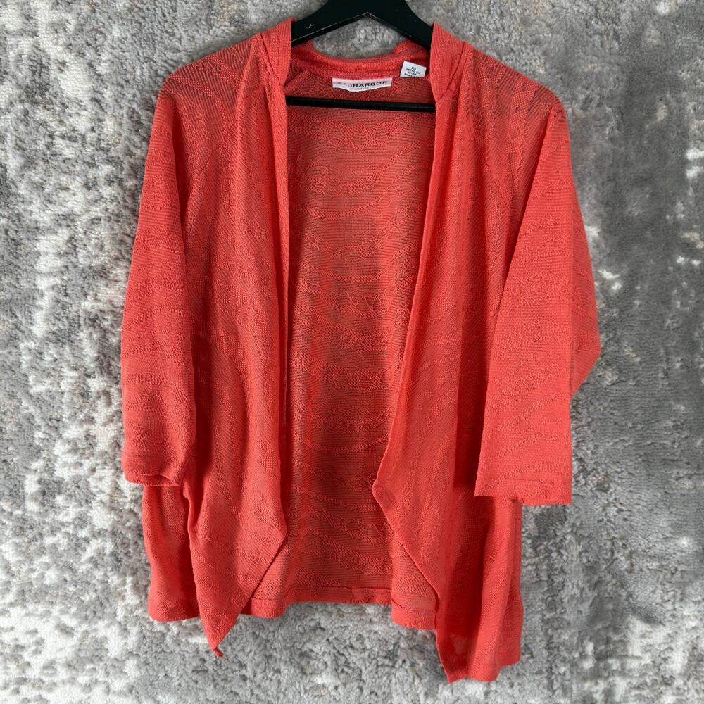 Sag Harbor Petite Sz LP Open Front Knit Cardigan Sweater Orange Pink 3/4 Sleeve